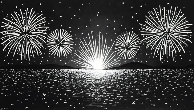 Fireworks over water at night - Powered by Adobe