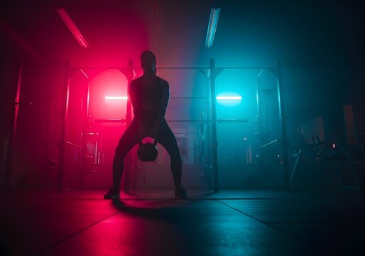 Athlete lifting kettlebell silhouette in gym with colorful neon lighting