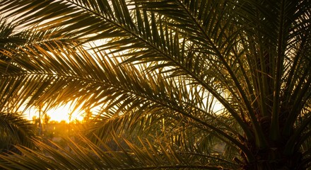 Obraz premium Golden Hour Sunlight Through Palm Leaves