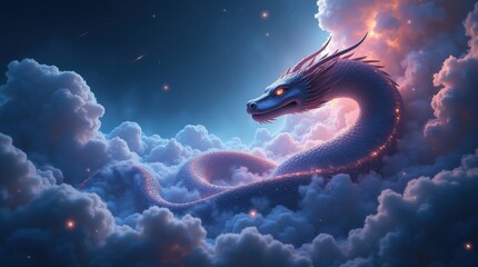 Majestic dragon emerging from mystical clouds under a starry night sky