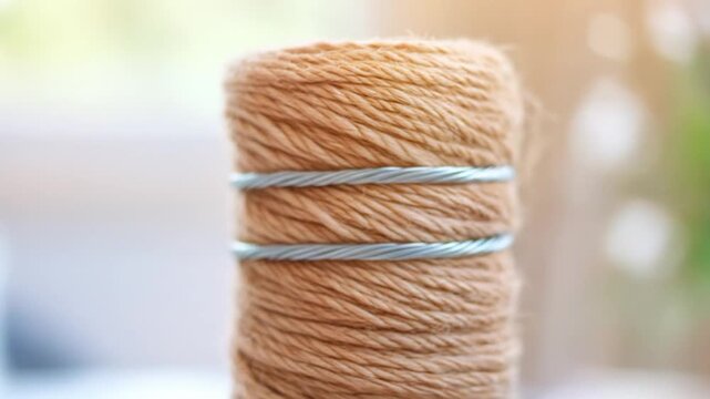 Roll of natural brown twine wrapped with wire craft material close up detail