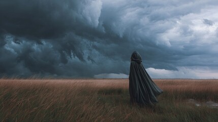 Person in dark cloak amidst stormy sky