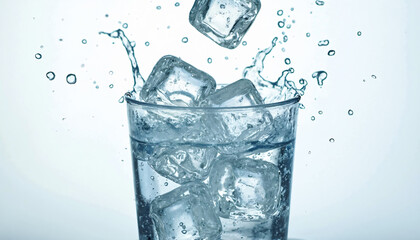 Ice Cubes Splashing into Water in a Glass