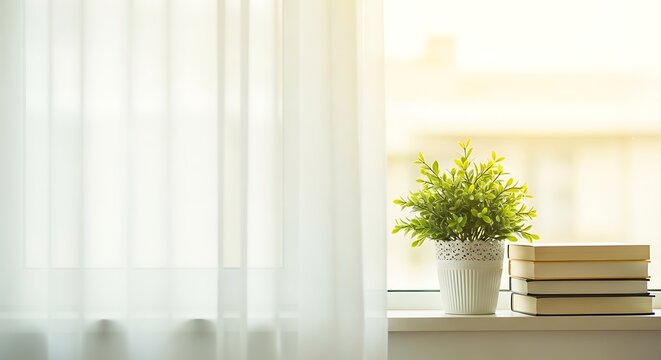 Window sill with stacked books and a small green plant interior