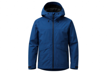 Blue technical jacket with hood, isolated on transparent background.