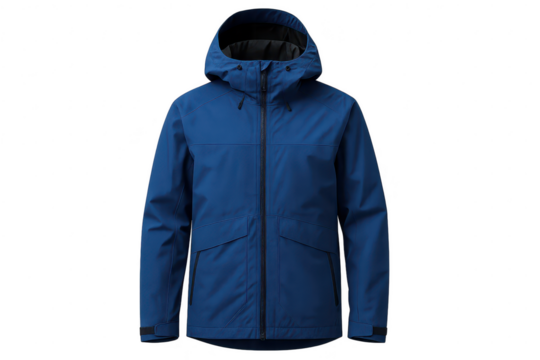 Blue technical jacket with hood, isolated on transparent background.