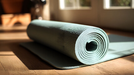 Rolled Yoga Mat on Wooden Floor