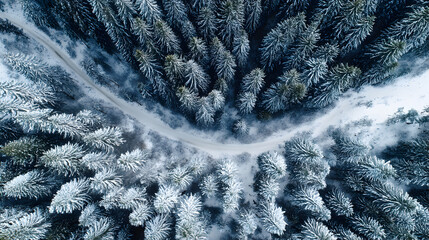 Aerial view of snowy winter forest with winding road in Christmas season