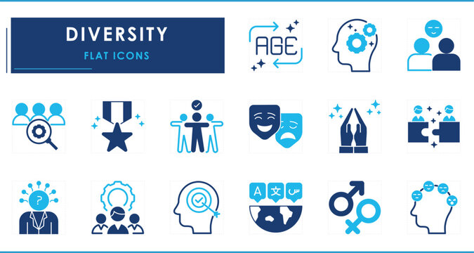 A set of flat icons related to Diversity. Age, gender, color, race, award, mentality, together, common, respect, language, social moral and values, and so on.