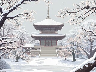 Obraz premium 雪の積もる和風建築の冬景色のイラスト