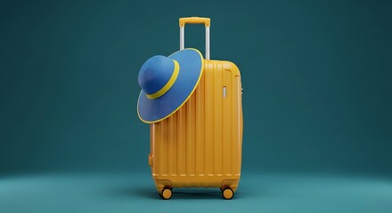 Obraz premium Bright yellow suitcase with a blue and yellow hat on a teal background