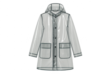 Stylish transparent clear plastic raincoat isolated on a clean background, trendy