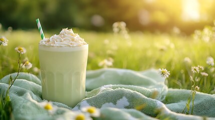 A green tea milkshake on pastel green blanket in a sunlit meadow