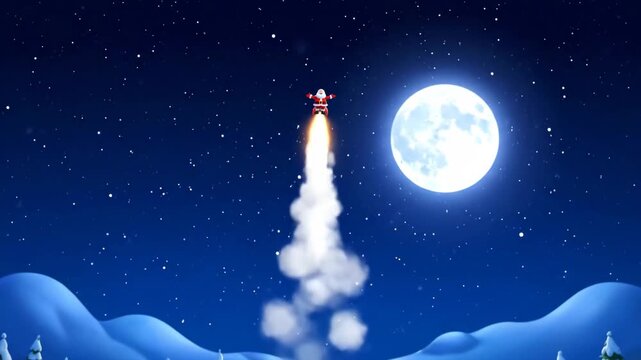 santa journeys upward, santa enthusiastically climbs through cold darkness toward shining stars he yearns for, santa happily ascends through chilly evening sky on his quest for distant celestial.