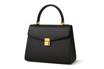 Elegant black leather handbag with gold hardware, isolated on transparent background