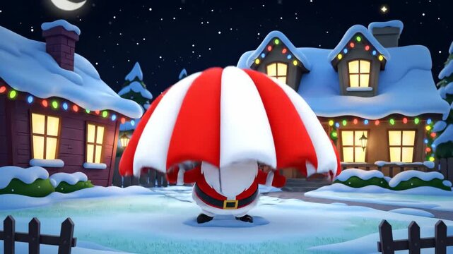 nighttime santa parachuting onto snowcovered village with bright lights, jolly santa float descending through starry night onto snowy village rooftops decorated with bright string lights.