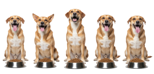 Five dogs sitting in a row with their mouths open transparent background cutout png