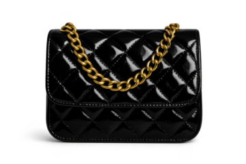 Black quilted handbag with gold chain, isolated on transparent background