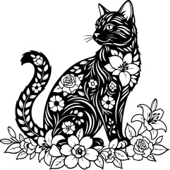 Obraz premium Floral Decorative Cat Silhouette – Elegant Patterned Feline Vector Art