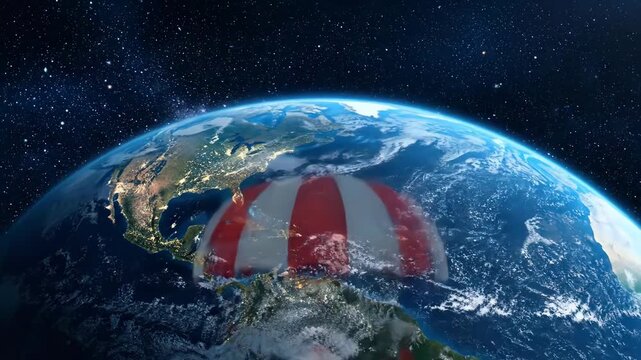 jolly santa lands with cheer, merry santa parachutes through glowing nighttime landscapes with joy, joyful santa gracefully soars over illuminated continents spreading festive cheer and greetings.