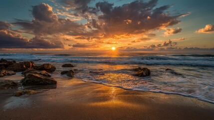 Obraz premium The sun sets over the ocean casting warm colors across the sky and reflecting on the water. Gentle waves lap at the sandy beach creating a serene atmosphere during twilight.