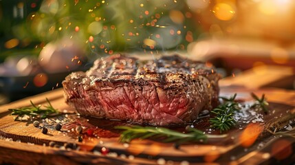 Juicy Grilled Steak with Rosemary and Pepper on Wooden Board in Sparkling Outdoor Firelight Scene