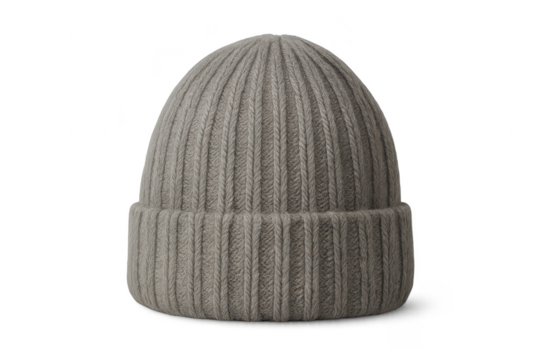 Gray knitted beanie hat isolated on transparent background, winter headwear