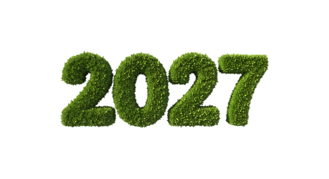 Green moss textured year 2027 numbers isolated on transparent background