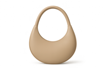 Elegant beige crescent-shaped handbag isolated on transparent background, studio shot