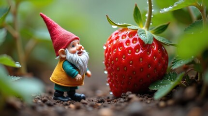 Tiny garden gnome looking up at a ripe red strawberry in a lush green garden