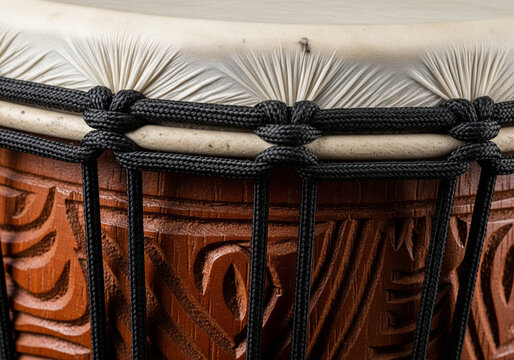 Close-up of a djembe drum with intricate rope tuning and carved wooden body texture - Powered by Adobe