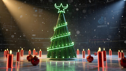 Futuristic 3D Christmas-themed stock market scene with glowing red and green elements, snowfall, holographic light, and cinematic winter atmosphere. AI Generated.