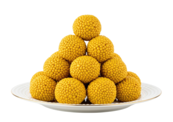 Pyramid of boondi ladoo on a plate transparent background cutout png