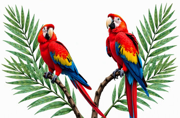 Scarlet macaws (Ara macao) perched on branches against a white background.