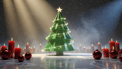 Futuristic 3D Christmas-themed stock market scene with glowing red and green elements, snowfall, holographic light, and cinematic winter atmosphere. AI Generated.