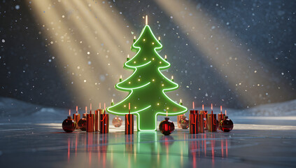 Futuristic 3D Christmas-themed stock market scene with glowing red and green elements, snowfall, holographic light, and cinematic winter atmosphere. AI Generated.