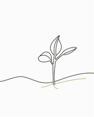 Growing sprout. One continuous single line drawing of plant leaf, seedling growth lineart sketch. Abstract vector illustration 