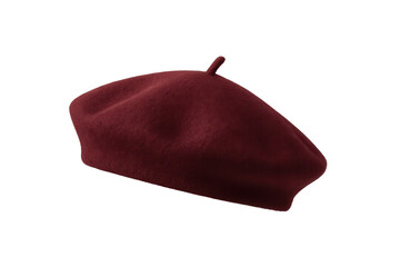 Burgundy beret isolated on transparent background, classic French style hat.