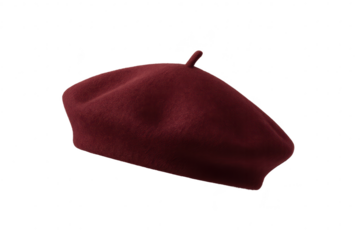 Burgundy beret isolated on transparent background, classic French style hat.