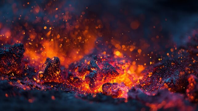 Glow of molten lava and fiery embers captured during an active volcanic eruption creates a dramatic display of nature's power at night. Bright colors illuminate the landscape.