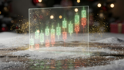 Futuristic 3D Christmas-themed stock market scene with glowing red and green elements, snowfall, holographic light, and cinematic winter atmosphere. AI Generated.