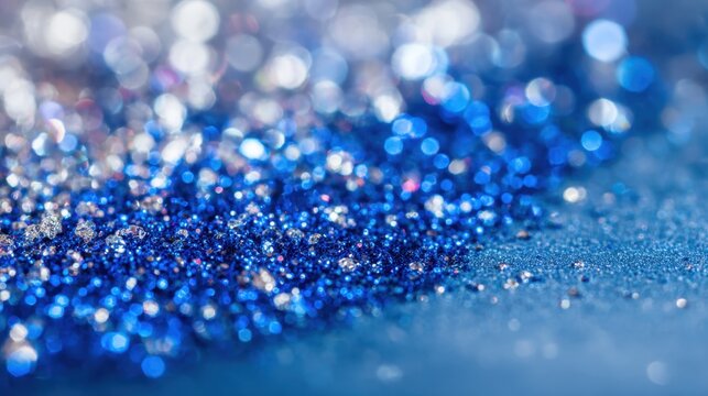 A vivid collection of blue glitter twinkles on a smooth surface. The tiny particles catch the light creating a mesmerizing effect.