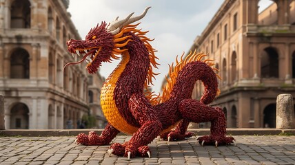 Fototapeta premium Large red and orange dragon sculpture on a cobblestone street with ancient buildings image photo