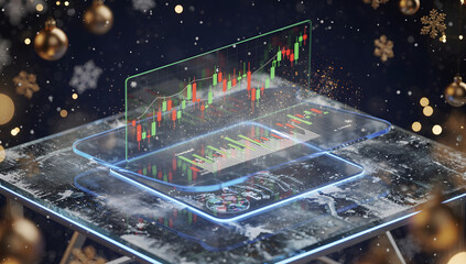 Futuristic 3D Christmas-themed stock market scene with glowing red and green elements, snowfall, holographic light, and cinematic winter atmosphere. AI Generated.