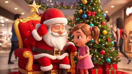 little caucasian girl meeting santa in busy mall with decorated tree and red throne, gift boxes at feet, shoppers passing by, warm lights and cheerful festive mood, candid holiday portrait.