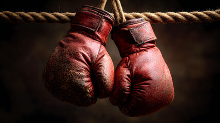 Old Red Boxing Gloves Hanging on Rope