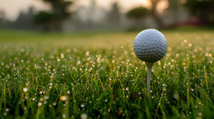 Golf Ball on Tee in Morning Dew