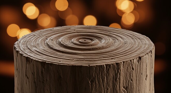 Close up of textured brown tree stump with concentric rings and bokeh lights wood natural