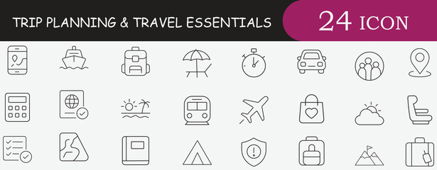 Trip Planning Outline Icon Set. Containing essential travel, vacation, booking, transport, and map symbols. Editable vector icon for tourism apps, design, and agency websites