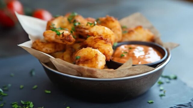 Golden fried cheese curds with dipping sauce appetizer
